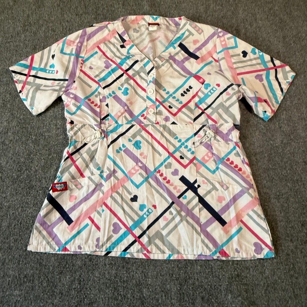 Sherly Uniforms Women Large Scrub Top Geometric Heart Print‎ V-Neck Pink Blue